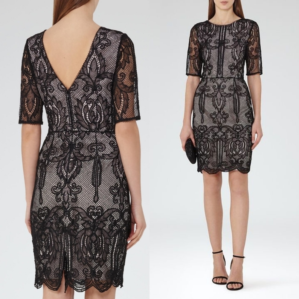 REISS Zola Lace Dress  Black Scalloped Hem V-Back Party Cocktail US 4